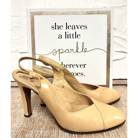 80s 90s VTG Halston Slingback Butter Colored Leather Pumps 8 1/2N Made in Italy - Picture 1 of 7